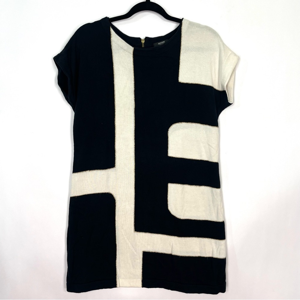 Alfani Black Cream Gold Short Sleeve Tunic Sweater Dress Back Zip Sz Petite S
